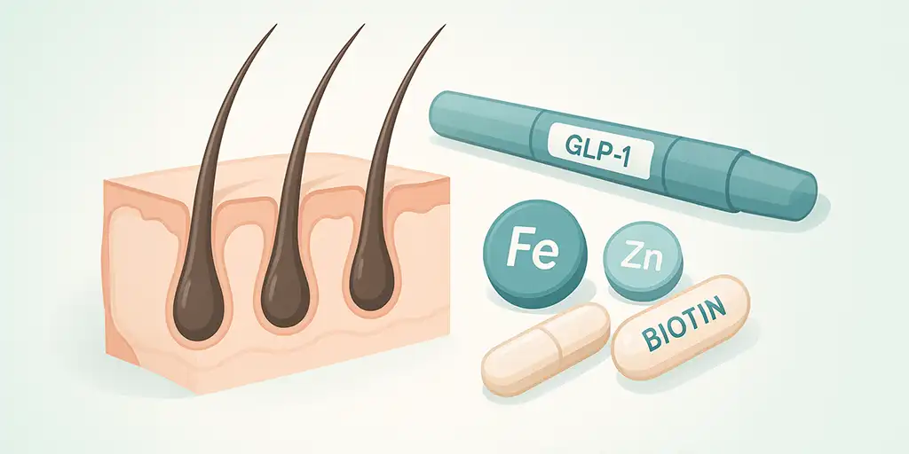 GLP-1 medication pen with hair-healthy supplements including iron, zinc, and biotin for preventing hair loss during weight loss treatment