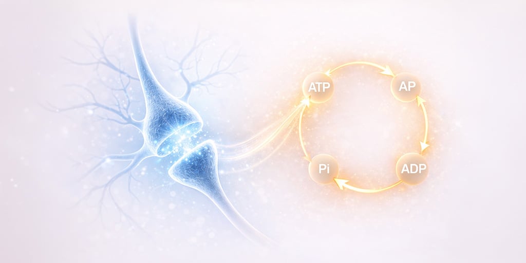 Illustration of neuron energy and ATP cycle representing creatine's role in brain health and cognitive function