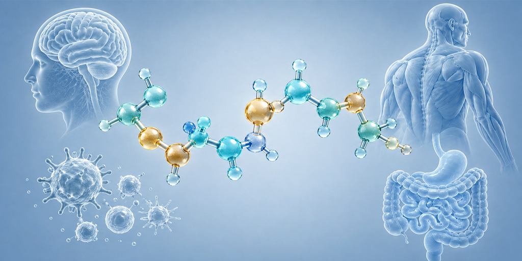 ai-009 Illustration of a peptide amino acid chain with human body system silhouettes representing peptide therapy applications