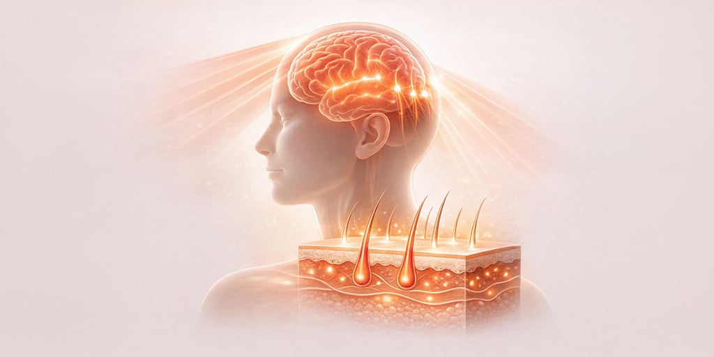 Red light therapy illustration showing photobiomodulation effects on brain, hair, and skin