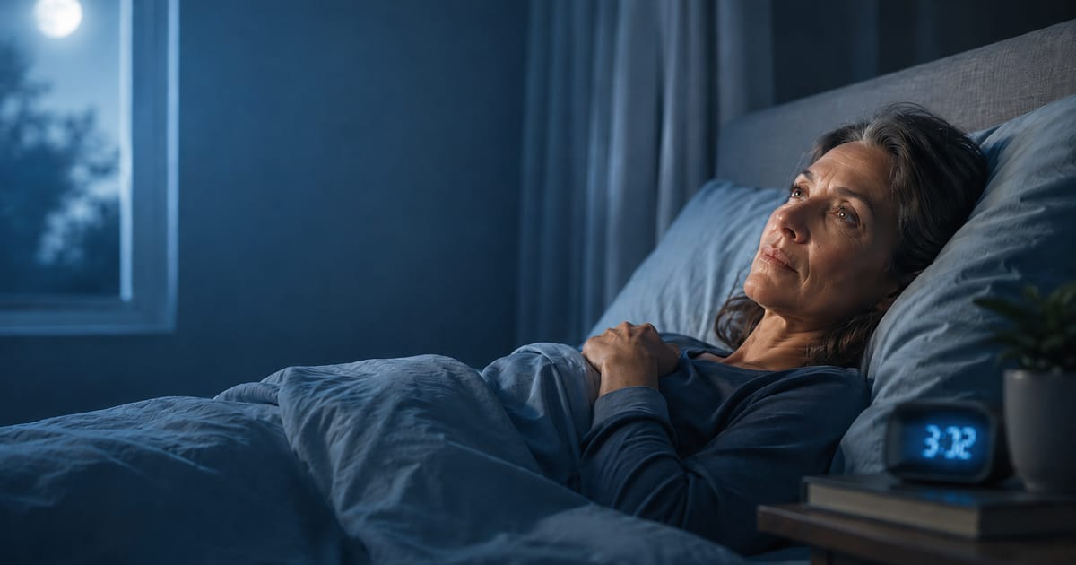 ai-009 Woman lying awake in bed at 3 AM experiencing nighttime anxiety and stress